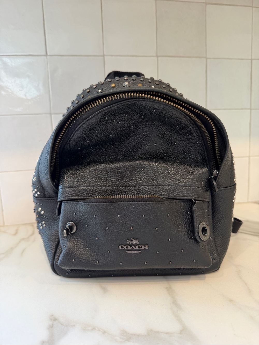 Coach Black Leather Mini Backpack with Stud Detail